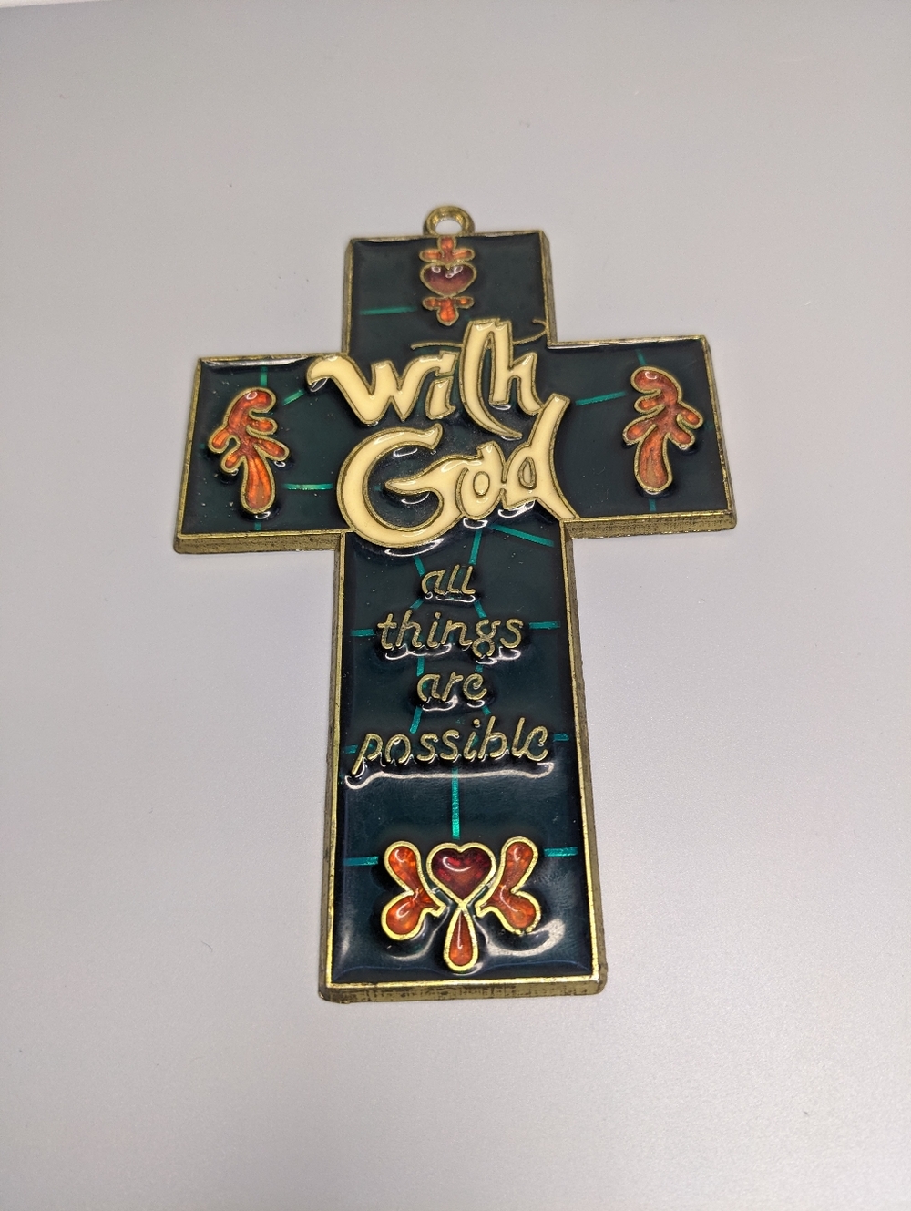 Cross Gold Tone Enamel Inspirational Hanging Christian Decor God Window